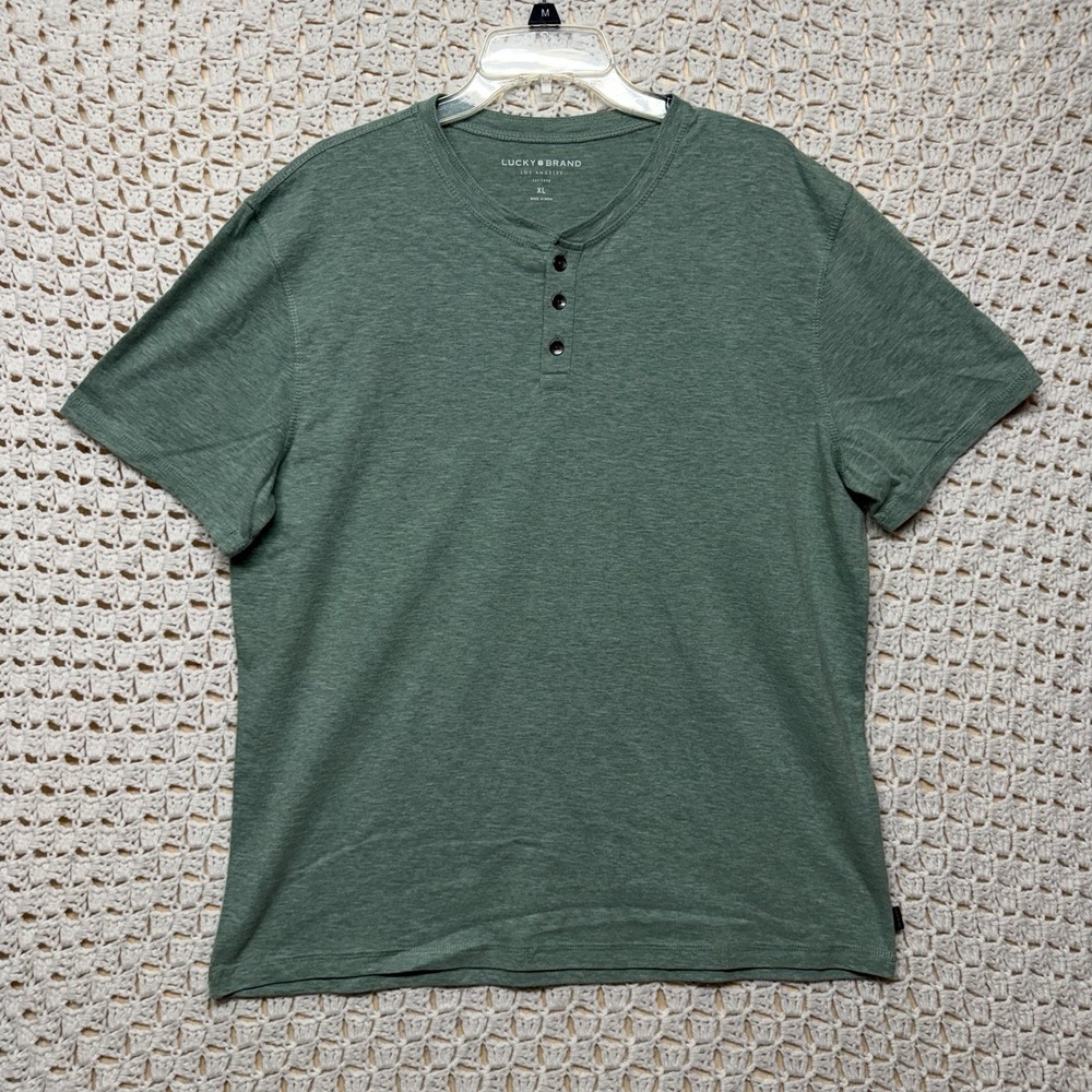 Lucky Brand Mens Henley T-Shirt Sz XL Green Crew Short Sleeve Cotton Blend